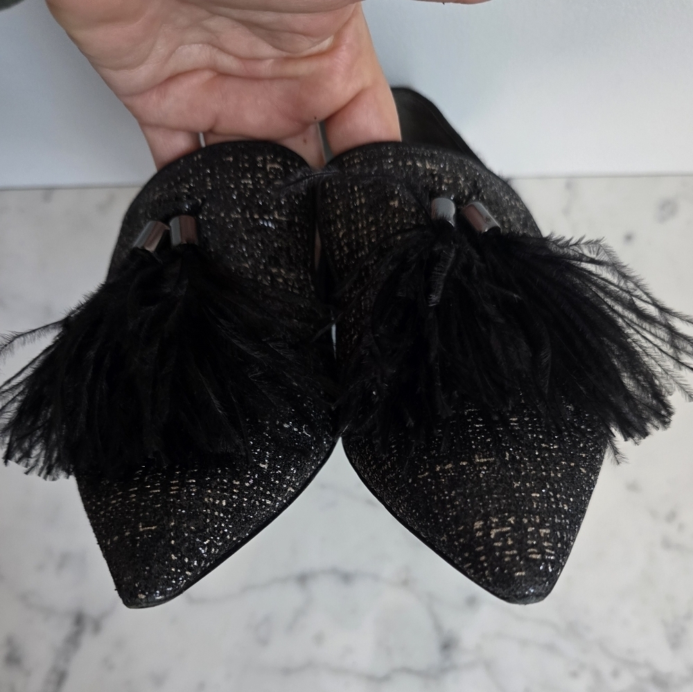 Franco Sarto TOPAZ Black Tweed Shimmer Feather Tassel Point Toe Flats Size 7 - Picture 6 of 12
